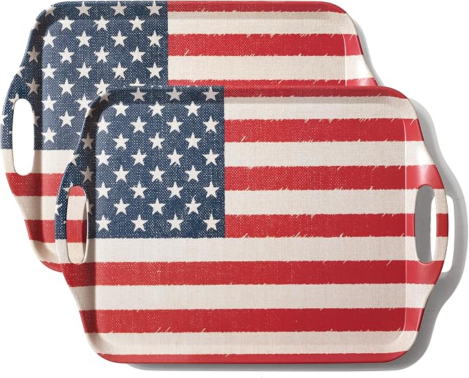 KINGEN 2-Pack Patriotic Bamboo Fiber Serving Trays - 17.3×12.2-inch Extra Large w/Handles Tray, Stars & Stripes Platters for 4th of July, Christmas, BBQ (4th of July Red White Blue Star, 17.3inch)