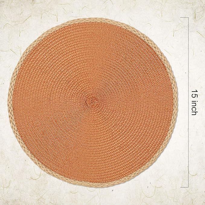 Round Placemats Set of 6, Woven Table Mats, Thin Edge, Orange | Braided Paper Edge, 15 Inch Diameter, Fits Dinner Plate and Flatware, Wipeable, Heat Resistant, Indoor Dining, Outdoor Patio