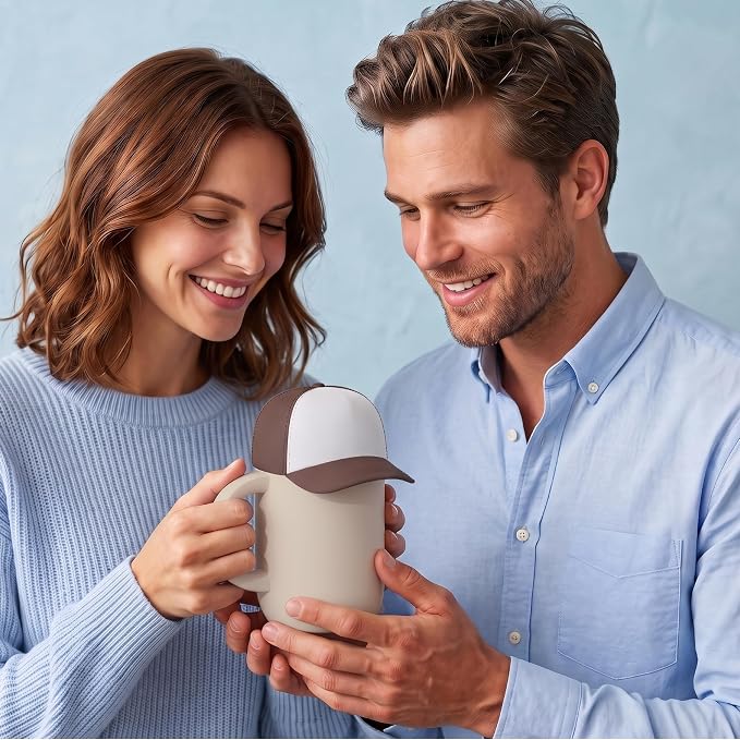 asobu Happy Hat Mug – 12 oz Double-Walled Stainless Steel Insulated Cup with Beanie-Shaped Lid – Ceramic Inner Coating – Spill-Proof and Ergonomic Design for Home and Travel (Brown)