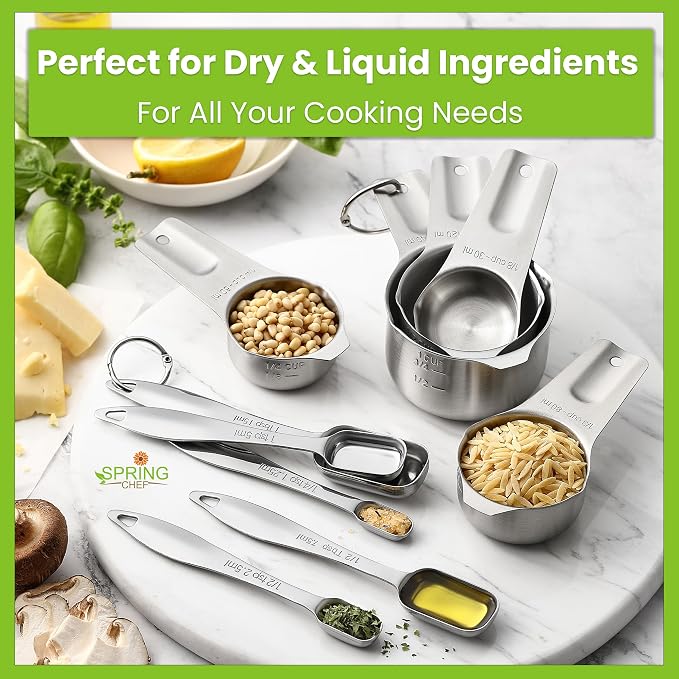 Spring Chef Stainless Steel Measuring Cups and Spoons Set of 10 w/Leveler | Stackable Metal Measuring Cups for Kitchen & Rectangular Teaspoon & Tablespoon Measuring Spoons for Dry & Liquid Ingredients