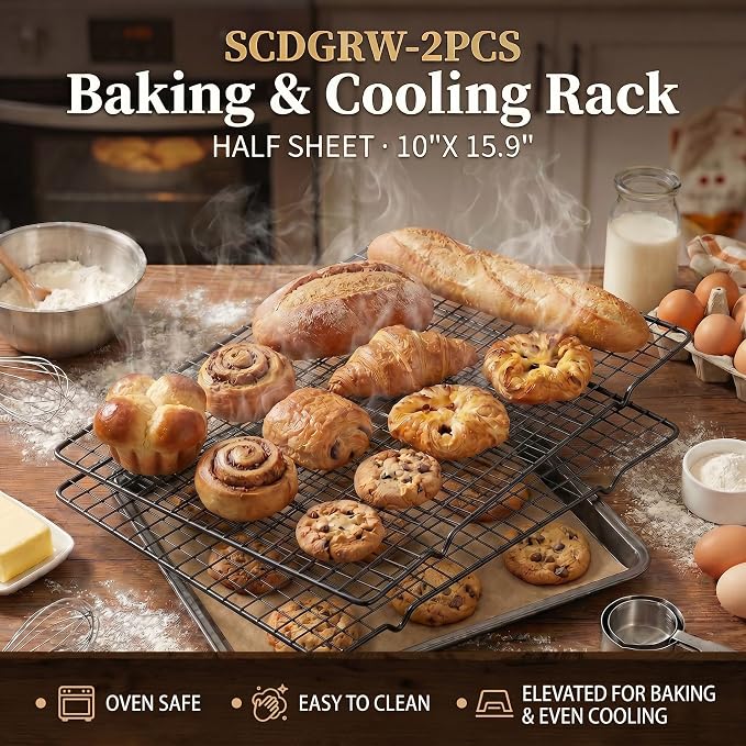 Cooling Racks for Cooking 2-Pack, 10" x 16" No Warp Heavy Duty Metal Wire Rack - Fits Half Sheet & Jelly Roll Pan, Oven & Dishwasher Safe 575°F, Rust Resistant, for Baking, Roasting & Grilling