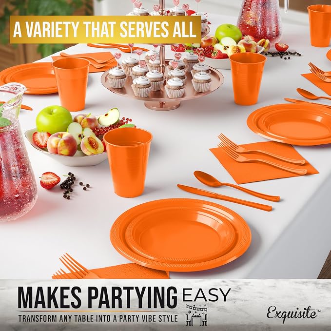 Party Solids 350 Pieces Orange Plastic Plates For Party, Orange Disposable Plates Set, 50 Of Each 9" Dinner Plate Set, 7" Dessert Plate, Cups, Napkins & Cutlery Plastic Dinnerware Set