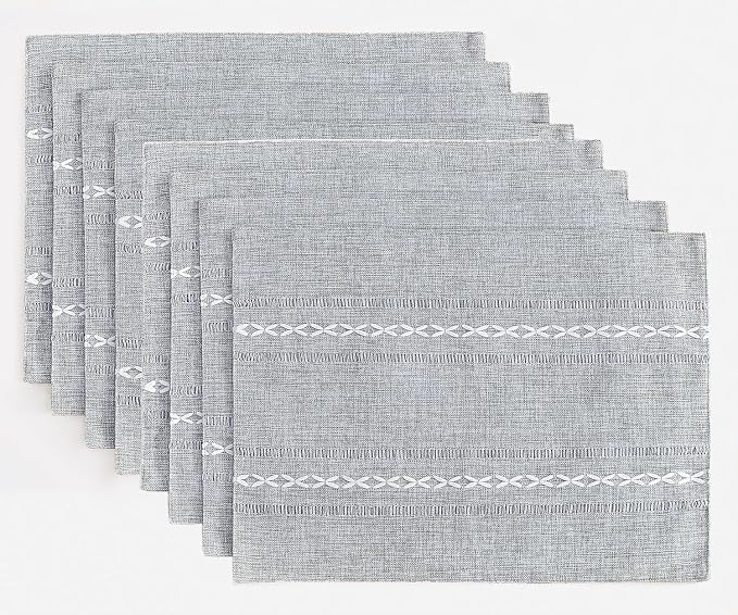 Wracra Cotton Linen Place Mats, Grey Embroidered Placemats Set of 8 | Placemats 12 x 18 Inch; Cotton Linen Woven Fabric; Heat Resistant Table Mats; Raised Embroidered Hollow Design