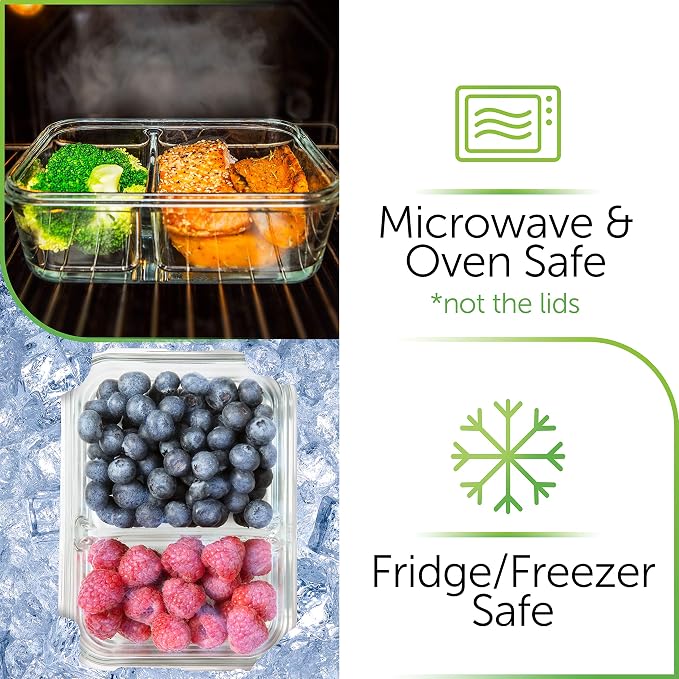 Prep Naturals 5 Pack 36oz Glass Meal Prep Containers - 2 Compartments | 2-Compartment Borosilicate Glass Meal Prep Containers - Airtight Lids, Microwave, Oven & Freezer Safe (5-Pack, 36 oz)