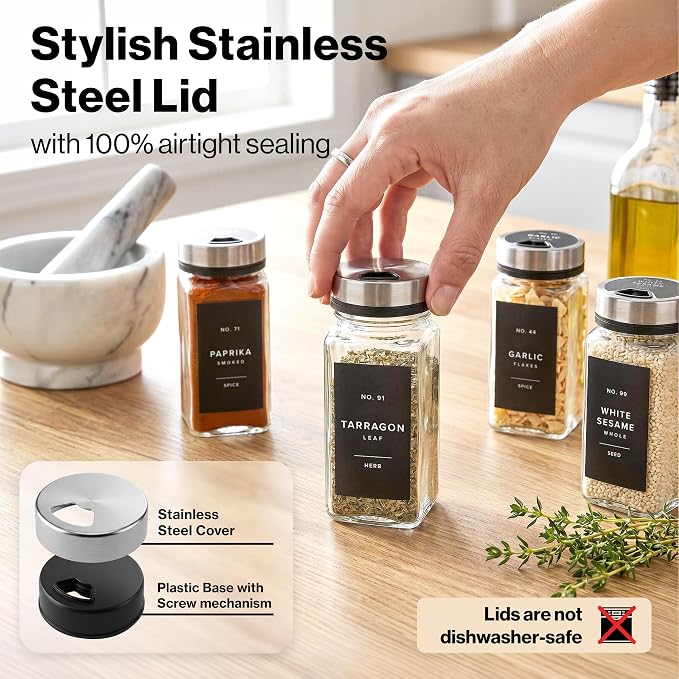 Glass Spice Jars with Label and Silver Sprinkle Lids (24 x 4oz) | Airtight Lids keep spices fresh, Kitchen Spice Drawer Organizer, 4oz Seasoning Containers incl. Funnel, Brush & 240 Labels