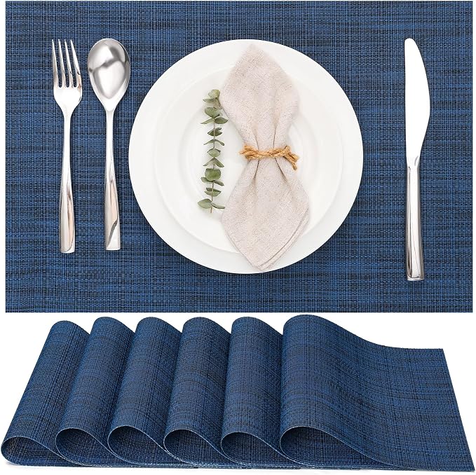 Myir JUN Placemats Set of 6 Kitchen and Dining Table Placemats | Vinyl Placemats Place Mats Indoor/Outdoor Set of 6 Washable Table Mats Non-Slip Place mats for Dining Table, Dark Blue