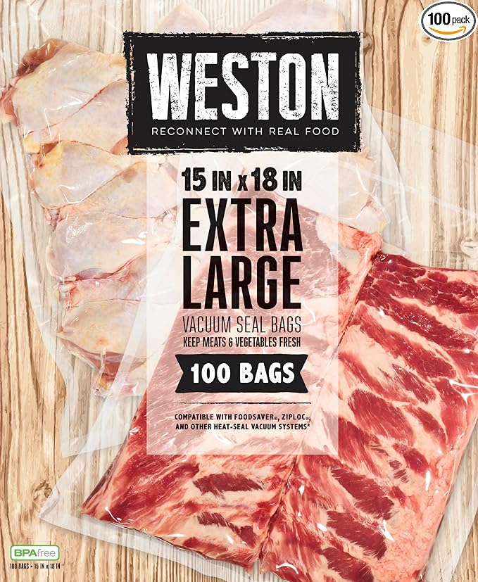 Weston Vacuum Sealer Bags, 2 Ply 3mm Thick, for NutriFresh, FoodSaver & Other Heat-Seal Systems, for Meal Prep and Sous Vide, BPA Free, 15" x 18" (Extra Large), 100 Count, Clear | 2 Ply 3mm Thick | Compatible With NutriFresh & FoodSaver | BPA Free | 10...