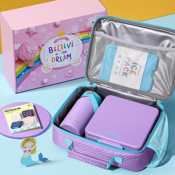 Fimibuke Kids Bento Lunch Box with Toddler Insulated Water Bottle Lunch Bag | Lunch Box Kids with 4 Compartments, Ice Pack & Utensils Set, Birthday Gifts for Ages 3-12 Back to School Toddler Girls Boys