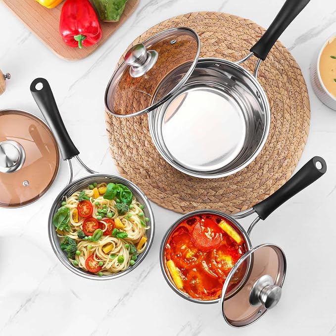 LIANYU 1QT & 2QT & 3QT Saucepan Set with Lids, 18/10 Stainless Steel Sauce Pan Cookware Sets, Kitchen Cooking Small Pots with Long Heatproof Handle, Easy Clean & Dishwasher Safe