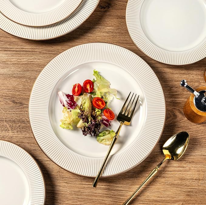 GBHOME Ceramic Dinnerware Sets,12 pcs Embossed Elegant Stoneware Plates and Bowls Sets, Housewarming Wedding Gift | Dishwasher & Microwave Safe | Dishes Set Service for 4 | Embossed Elegant Stoneware Dishes Set | Dishwasher & Microwave Safe | Service f...