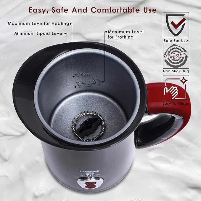 Moss & Stone Electric Milk Frother, Stainless Steel Milk Steamer & Milk Warmer, Automatic Shutoff, Non-Stick Interior, Cool Touch, 9.4 oz/6.0oz Capacity, Black Electric Frother for Hot Chocolate