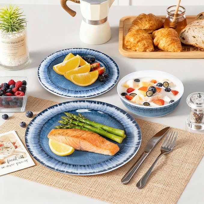 Melamine Dinnerware Set of 12 Pcs Dinner Dishes Set for Indoor and Outdoor Use, Dishwasher Safe, Lightweight Unbreakable, Navy Blue