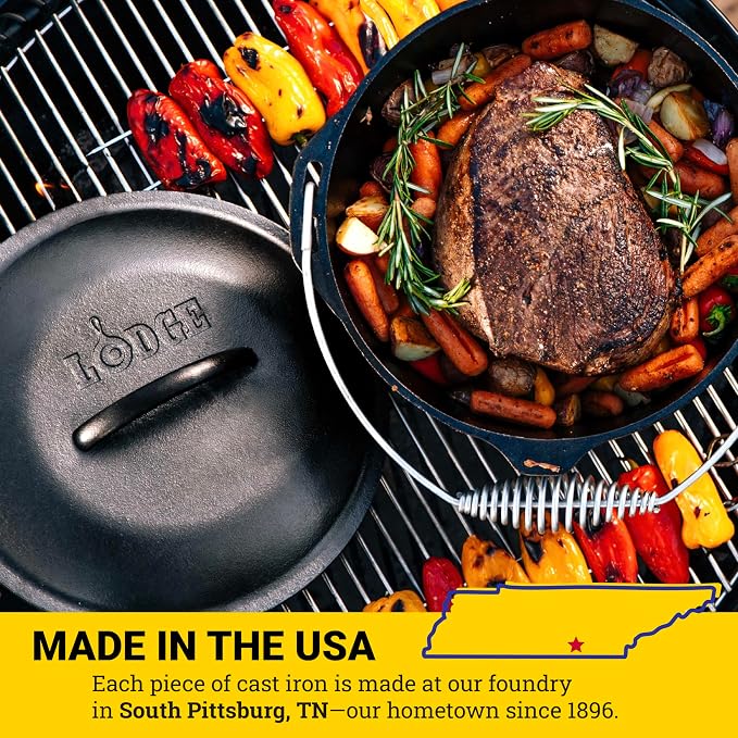 Lodge Seasoned Cast Iron Dutch Oven with Bail Handle - Heavy-Duty Campfire Ready Cooking Pot with Lid for Indoor & Outdoor Cooking - 9 Quart