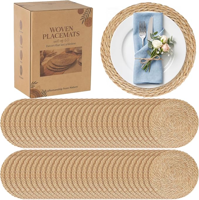 60 Pack 12IN Round Woven Placemats, Natural Bulrush Boho Farmhouse Mats | Heavy-duty hand-woven wicker mats for dining table, kitchen, patio BBQ, garden party. Flat-packed storage box. Rustic decor.