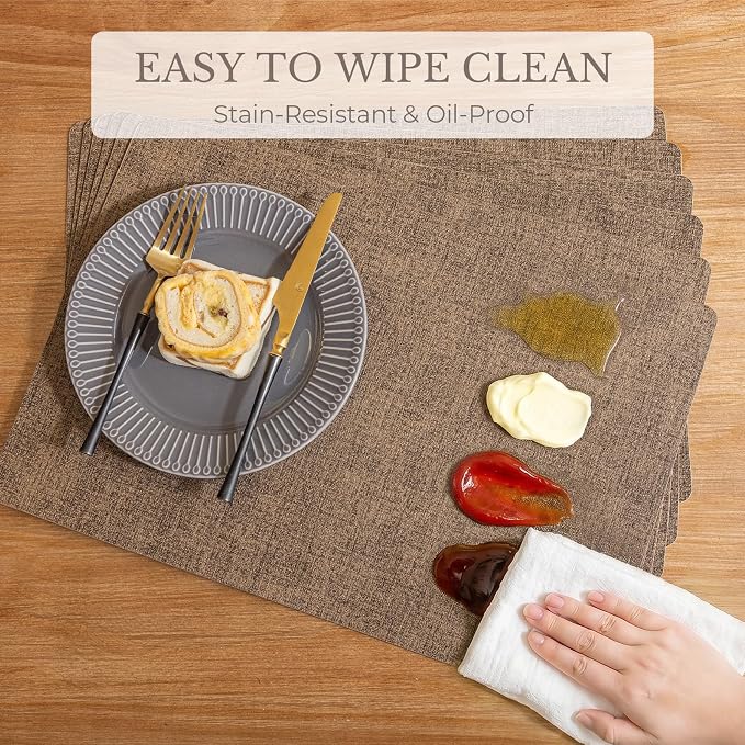 Romanstile Vinyl Placemats Set of 6-12 X 17 Inch - Faux Leather 100% Waterproof Wipeable Anti Slip Place Mats, Heat Resistant Reversible PU Table Mats for Kitchen Dining Party Outdoor, Brown