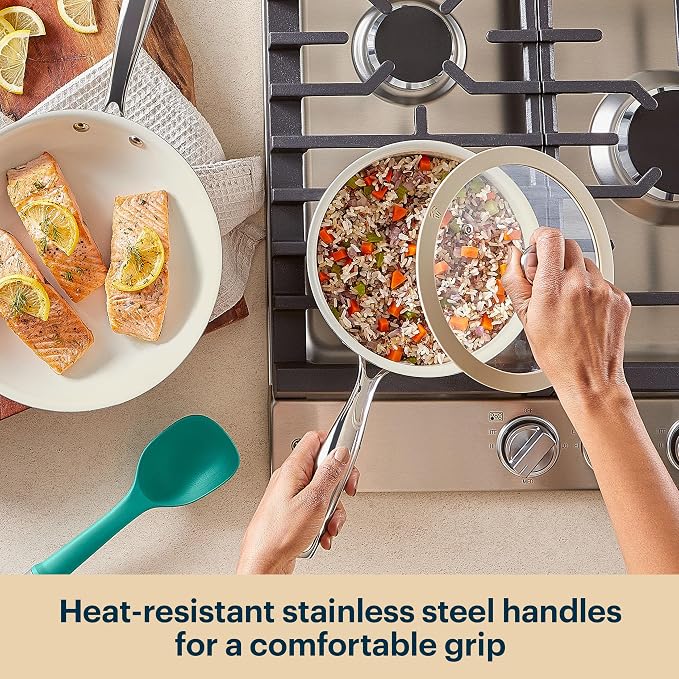 Pyrex 3-Piece Ceramic Cookware Fry Pan & Saucepan Set with Lid & Handles | Healthy nonstick ceramic coating, induction compatible stainless steel, PFAS Lead Cadmium BPA Free