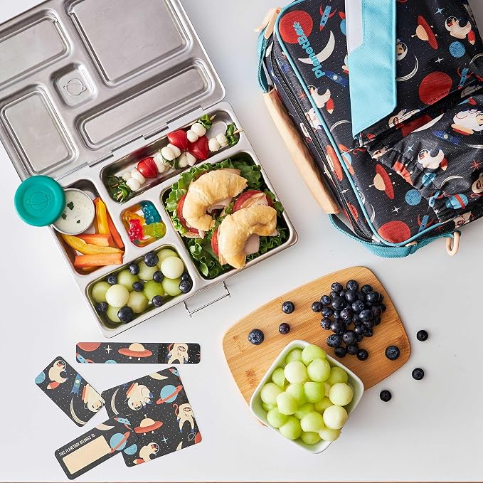 PlanetBox Rover Stainless Steel Bento Box Style Lunch Box Kit for Kids with 5 Compartments – Space Animals Edition includes Insulated Lunch Bag, Leakproof Food Containers and Matching Magnets