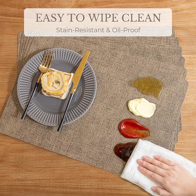 Romanstile Vinyl Placemats Set of 6-12 X 17 Inch - Faux Leather 100% Waterproof Wipeable Anti Slip Place Mats, Heat Resistant Reversible PU Table Mats for Kitchen Dining Party Outdoor, Coffee