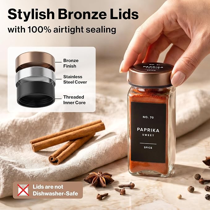 Glass Spice Jars with Label, 24x Champagne Bronze Steel Lids | Airtight Lids keep spices fresh, Kitchen Spice Drawer Organizer, 4oz Seasoning Containers incl. Funnel, Brush & 240 Labels
