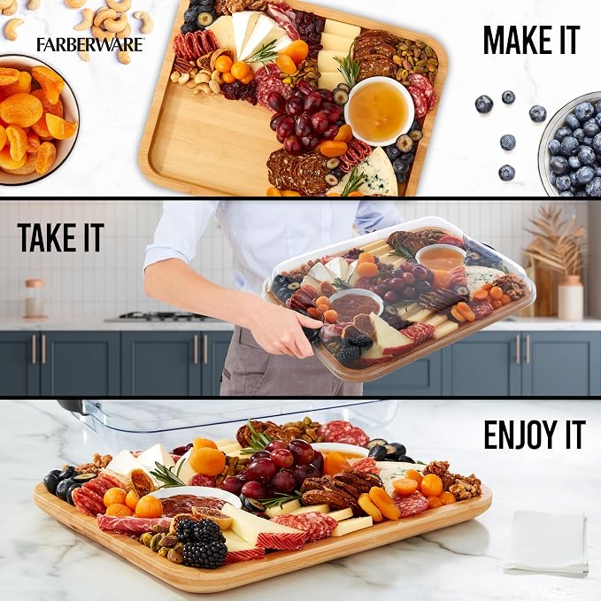 FAREBERWARE Build-A-Board Bamboo Cutting Board with Single Storage Compartment, Clear Locking Lid, Black Handles, Perfect for Charcuterie & Snacks, Pack of 2