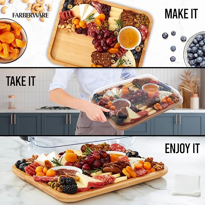 Farberware Bamboo Cutting Board with Clear Locking Lid, 11x14 Inch Charcuterie Board with Handles - Reversible Serving Board for Cheese, Meats, Snacks and More