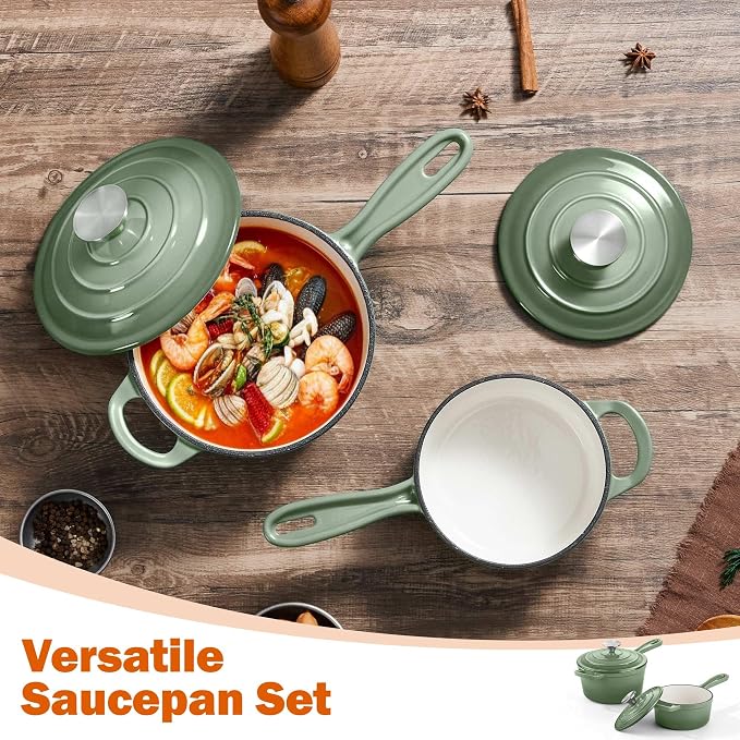 Homikit 1 QT & 2 QT Saucepan Set, Enameled Cast Iron Saucepan with Lid for All Cooktops, Small Pot Mini Dutch Oven for Kitchen Cooking, Boiling, Nonstick & Heavy Duty, Sage Green