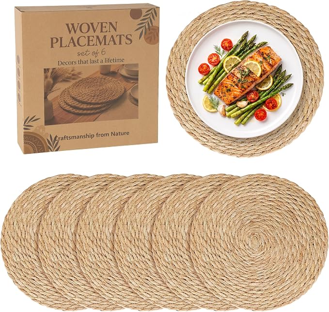 6 Pack 13.8IN Round Woven Placemats, Natural Bulrush Boho Farmhouse Mats | Heavy-duty hand-woven wicker mats for dining table, kitchen, patio BBQ, garden party. Flat-packed storage box. Rustic decor.