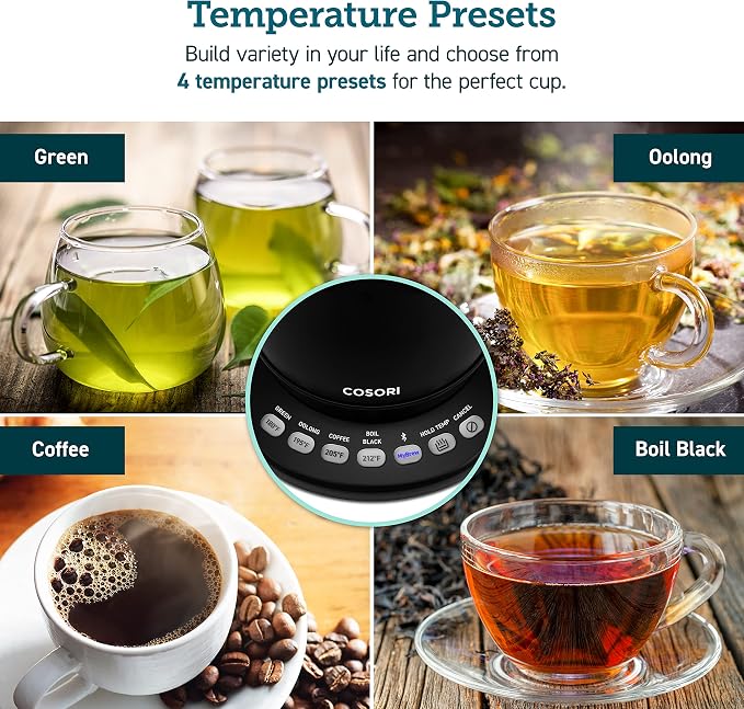 Cosori Smart Gooseneck Electric Kettle, App & Temperature Control, 0.8L | No Plastic Contact with Water, App Control, 4 Presets & Custom Temp (104–212°F), 60-Min Keep Warm, Pour Over Coffee & Tea