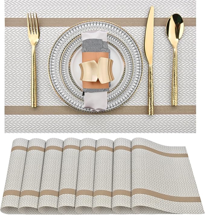 SLKQG Beige White Placemats Set of 8 - Easy Clean Modern Durable Washable Vinyl Place Mats - Heat Resistant Placemats for Kitchen Table - PVC Table Mats for Dining Table (Beige White with Stripes, 8)