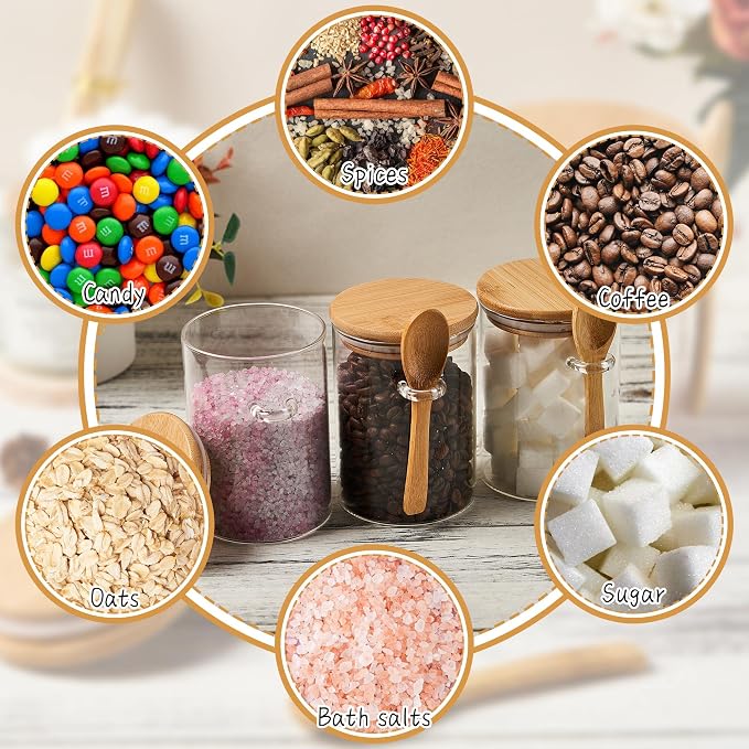 15 oz Glass Sugar Container, 4 Pack Coffee Container, Glass Jars with Lids | Seal, BPA-Free, Bamboo Soop, Coffee Bar Accessories, for Coffee Beans, Creamer, Salt, Overnight Oats, Brown sugar, Candy, Tea