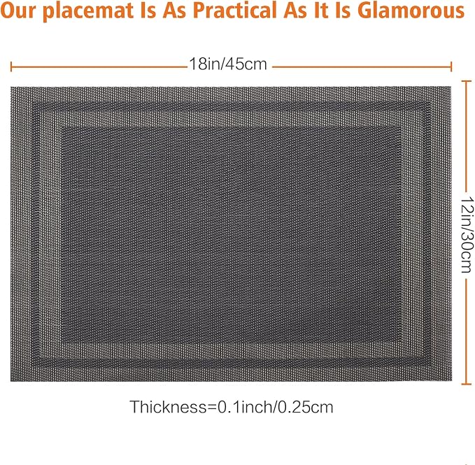 Placemats Set of 8, Vinyl Woven Black Non Slip Table Mats | Heat resistant, stain resistant non slip vinyl place mats, washable black gold table placemats for dining table(Black gold)