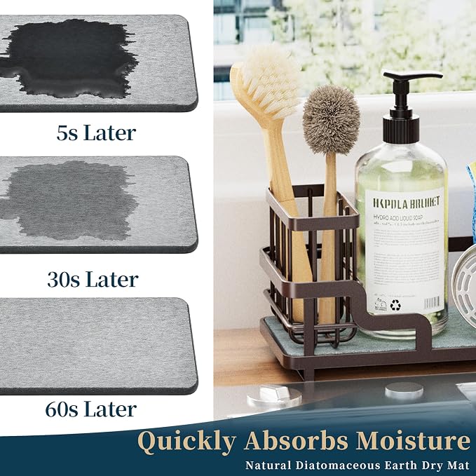 Consumest Sponge Holder for Kitchen Sink - Sink Caddy Organizer with Water Absorbing Stone Tray, Detachable Brush Holder, Stainless Steel Kitchen Counter Organizer Rack, Bronze
