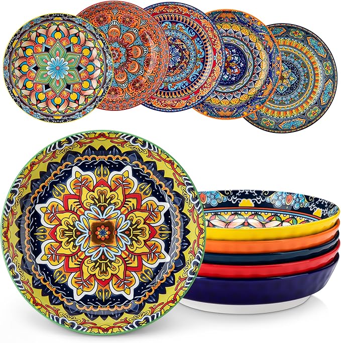vancasso 32 Oz Pasta Bowls, Porcelain Large Colorful Salad Soup Bowls Set of 6, Pasta Serving Bowls Plates for Kitchen, Dishwasher & Microwave Safe, Series KRVI