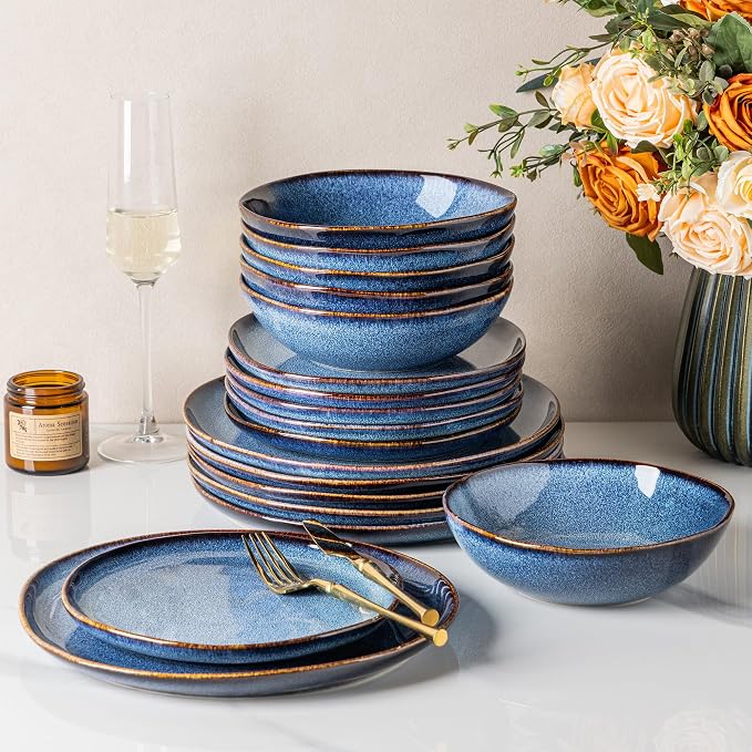 GBHOME Stoneware Dinnerware Sets for 6,18 Piece Rustic Plates and Bowls Set | Earthenware Handmade Reactive Glaze Plate Sets, Chip Resistant Ceramic Dishes, Microwave & Dishwasher Safe, Sea Blue