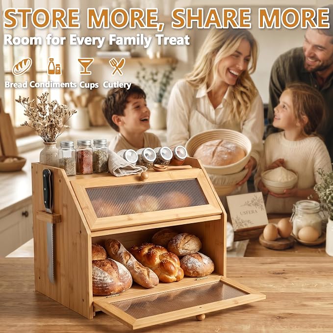 Bread Box for Kitchen Countertop & Cutting Board, 16" Large Bread Container | Bamboo Bread Box with Tool Holder & Cutting Board & Handle, 2-Tier Kitchen Organizer for Homemade Bread & Condiments, Natural