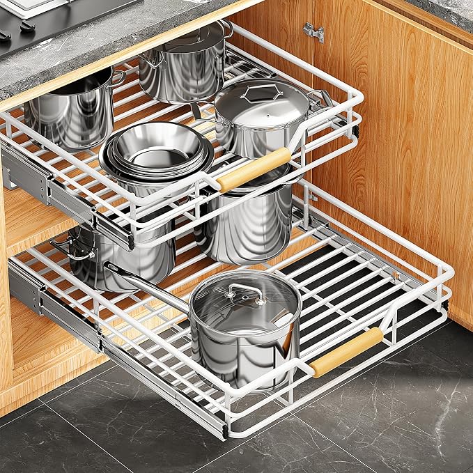 Pull out Cabinet Organizer, 12"W X 21"D, Heavy Duty Smooth Sliding Under Cabinet Shelves for Pots and Pans, Full-Extension Roll out Drawers, Slide out Organization for Home Kitchen Pantry, White