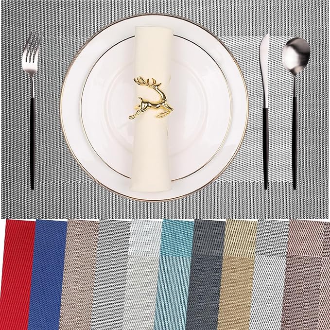 Vinyl Placemats Heat-Resistant Table Mats Washable Easy Clean Plastic Placemat for Kitchen Dining Table Set of 8 Indoor Outdoor (Dark Silver)