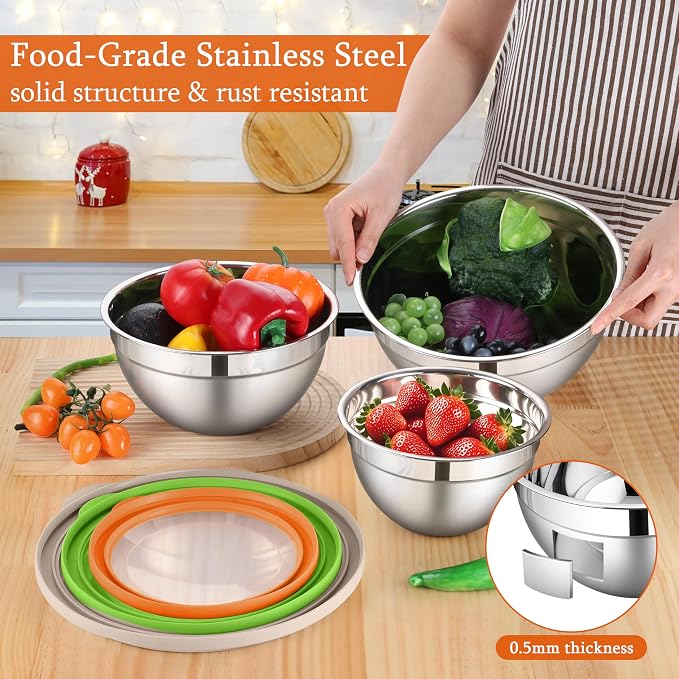 LIANYU Mixing Bowls with Lid Set of 3, Stainless Steel Metal Mixing Bowls | Large & Small 1.5 & 3 & 4.6QT Sizes, for Kitchen Cooking, Baking, Storage, Dishwasher Safe, 3-Color