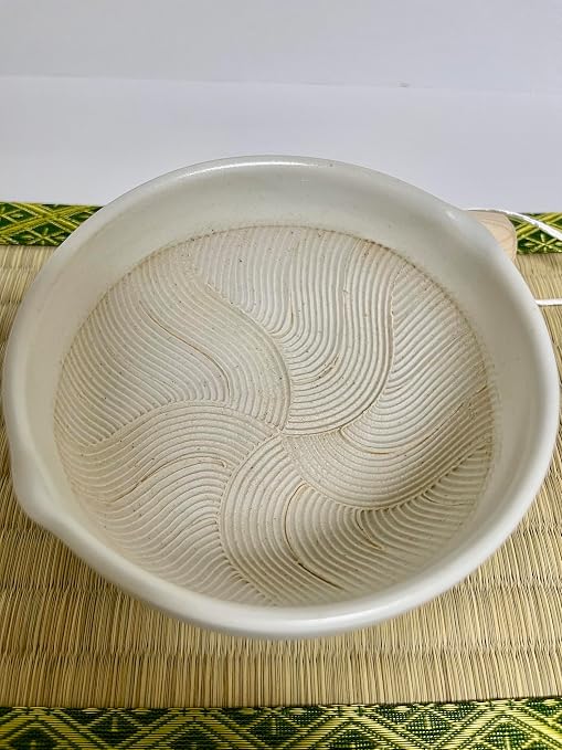 Made in Japan Petite Milky-White Ripple Ridge Mortar & Pestle (Suribachi & Surikogi) Set, 4.53 x 4.21 x 2.17 Inches, for Both Right and Left Handed, Mino Ware Pottery (Petite Milky-White)