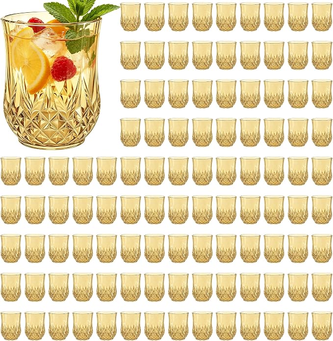 100 Pack Plastic Stemless Wine Glasses, 12oz Unbreakable Wine Cups | Reusable Fancy Vintage Drinking Glass Bulk for Cocktail, Whiskey, Juice, Elegant Decor for Wedding, Party & Holiday Events