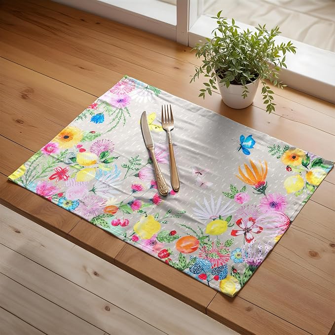 Maison d' Hermine Placemats Set of 4 Reusable 100% Cotton (13"x19") | Cloth Place Mats Washable Table Mats for Kitchen Dining Party Wedding Home Restaurant Spring Summer - Jardin D'Ete - Fog