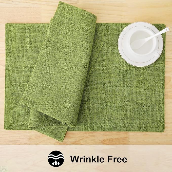 Faux Cotton Linen Placemats Set of 4, Cloth Washable Farmhouse Dining Table Mats for Indoors & Outdoors, Easy to Clean, Grass Green, 13 x 19 Inch