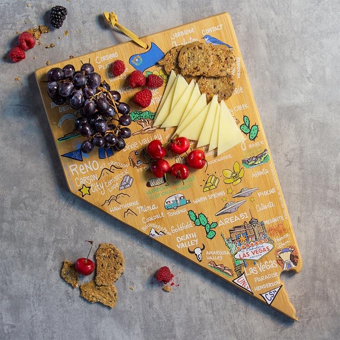 Totally Bamboo Nevada State Shaped Cutting Board, Art by Fish Kiss | State charcuterie board with colorful hand-drawn map artwork. Smooth reverse side for food prep. Hang tie for wall display.