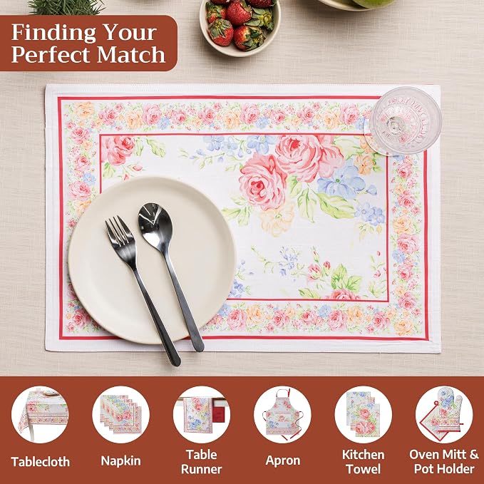 Maison d' Hermine Placemats Set of 4 Reusable 100% Cotton (13"x19") | Cloth Place Mats Washable Table Mats for Kitchen Dining Party Wedding Hotel Home Restaurant Spring Summer - Vintage Floral