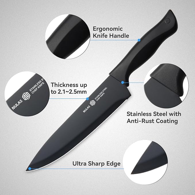 15-Piece Kitchen Knife Set with Block and Built-In Sharpener, Black | High-carbon stainless steel blades, nonstick coating, ergonomic handles and dishwasher-safe care