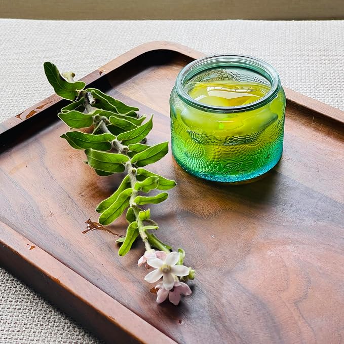 4 oz Decorative Small Glass Jars with Airtight Bamboo Lids, Blue 12 Pack | Vintage embossed color coated containers, kitchen pantry bathroom organization & decor, spices, DIY gifts, candle making