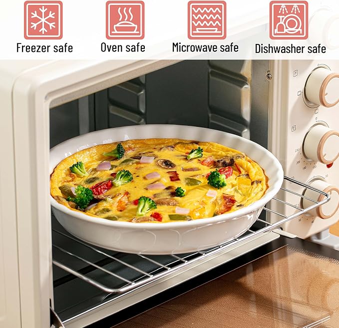 Brew To A Tea BTaT- Ceramic Pie Pan for Baking, 2 Pack, 10.5" & 9.5", Porcelain Ceramic Pie Plate for Salad, Pasta, Fruit and Tart, Freezer, Oven, Microwave and Dishwasher Safe