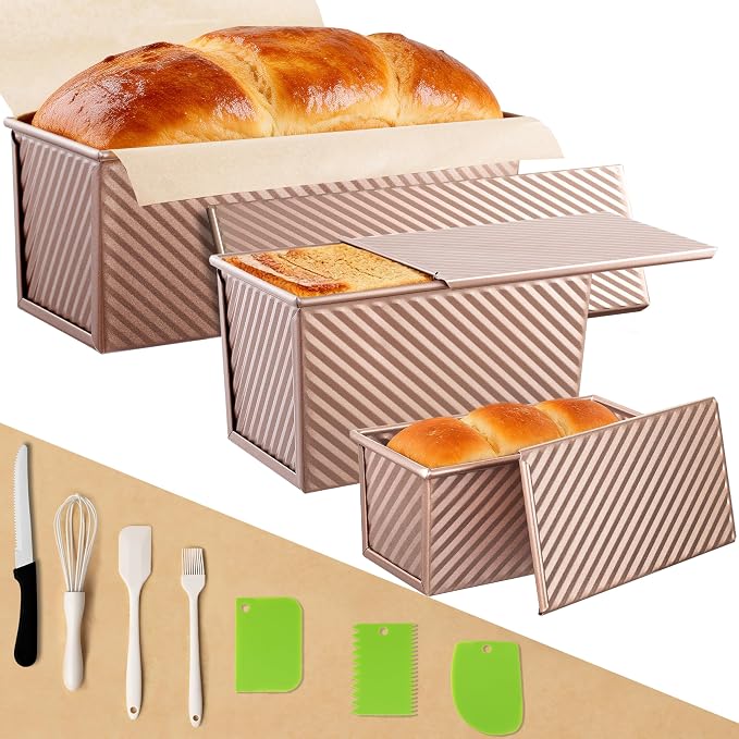 3 Pack Pullman Loaf Pan with Lids, Non-Stick Bread Loaf Pan, Heavy Duty Carbon Steel Corrugated Toast Box for Baking, Square Bread Pans for Homemade Sandwich, Bakeware (Rose Gold)