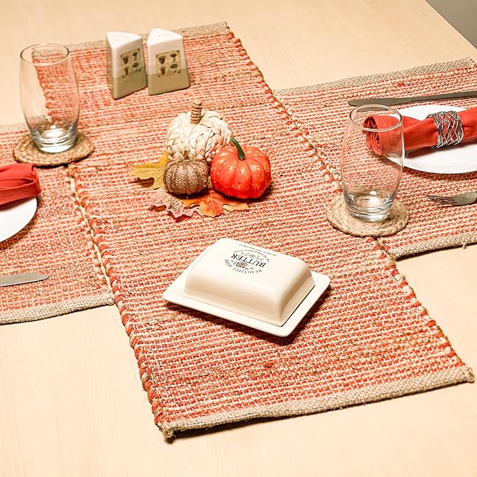 Natural Jute Table Runner, 13x48 Inch, Rust Orange | Vintage Boho Rustic Table Decor, Handwoven, Farmhouse Dining or Console Accent