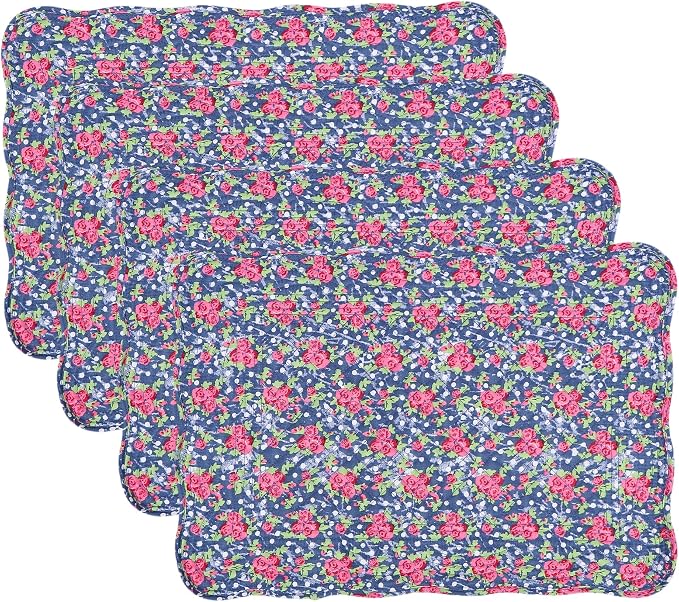 Quilted Placemats Set of 4 18"X13" Cotton Placemats Washable Cloth Table Mats for Kitchen Table (Blue Floral Print)